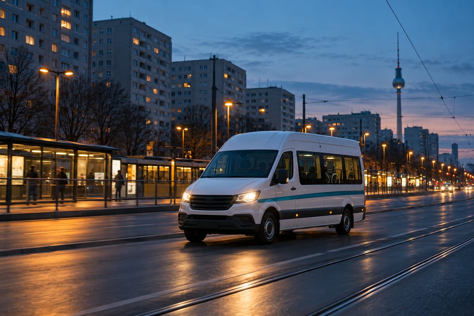 Kleinbus mit eingeschaltetem Licht auf einer breiten Berliner Straße in der Morgendämmerung, im Hintergrund der Fernsehturm