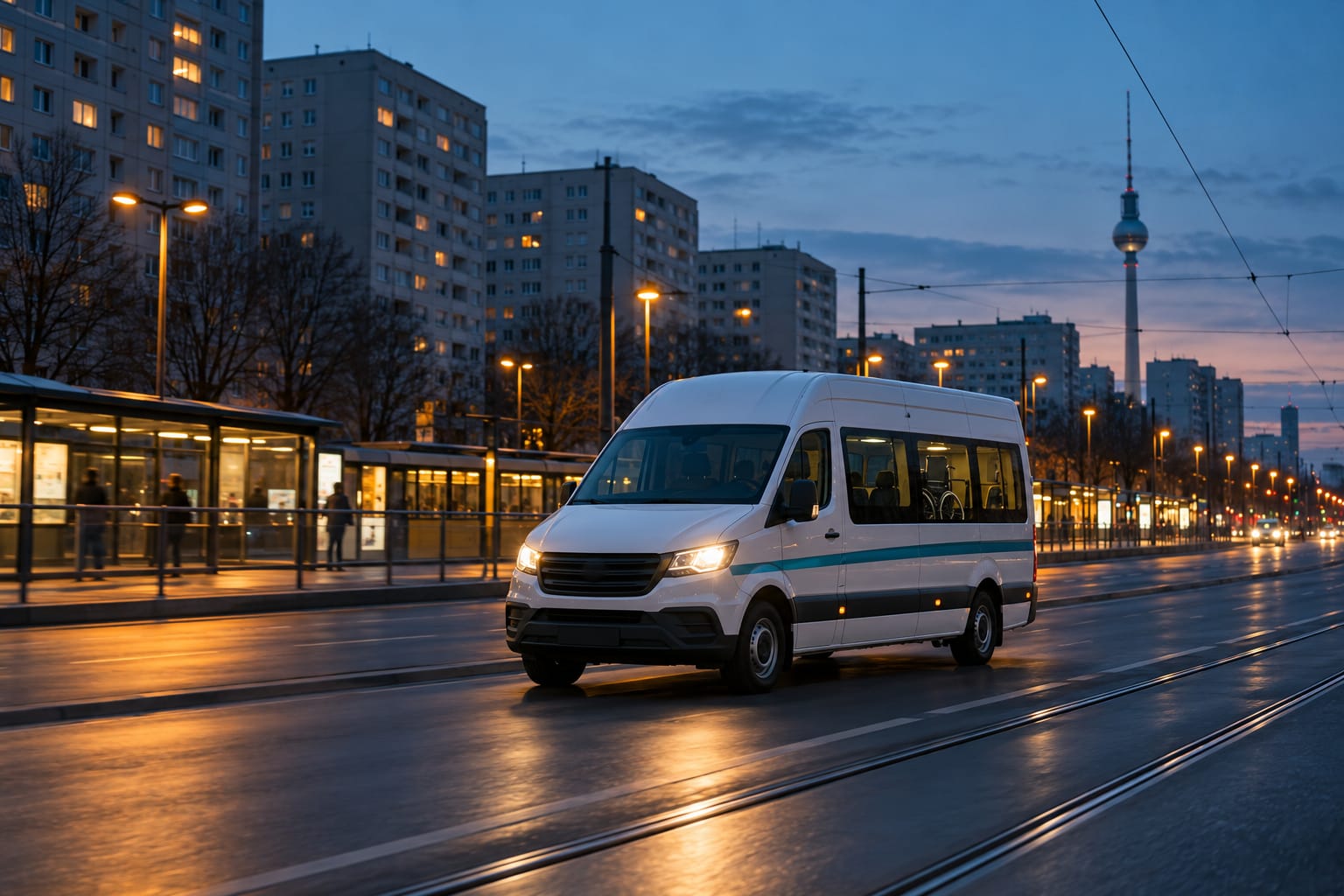 Kleinbus mit eingeschaltetem Licht auf einer breiten Berliner Straße in der Morgendämmerung, im Hintergrund der Fernsehturm