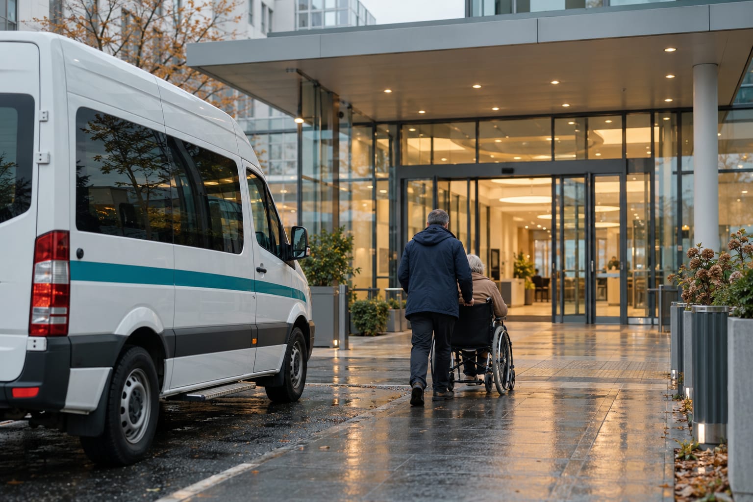 Kleinbus vor einem Klinikeingang, eine Begleitperson schiebt einen Rollstuhl zur Tür