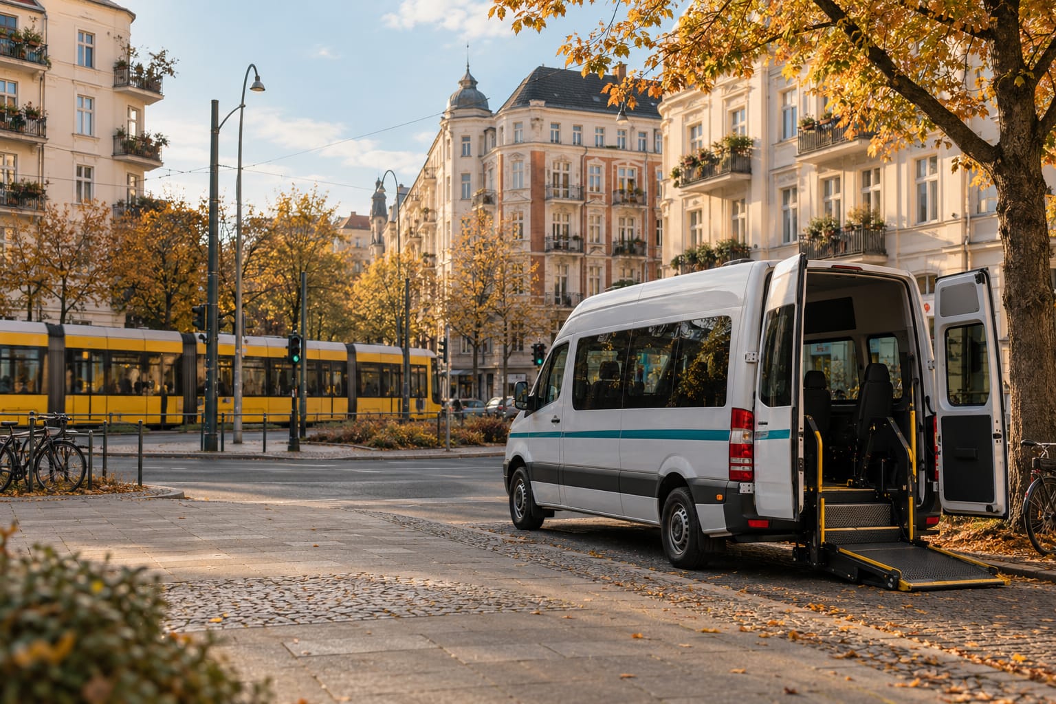 Kleinbus mit Rampe an einer Straßenecke in Lichtenberg, im Hintergrund eine Straßenbahn