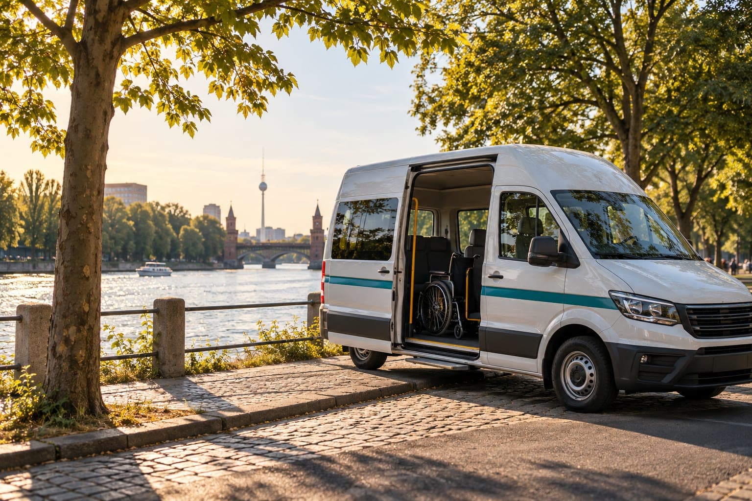 Kleinbus mit geöffneter Schiebetür an der Spree, im Hintergrund Oberbaumbrücke und Fernsehturm