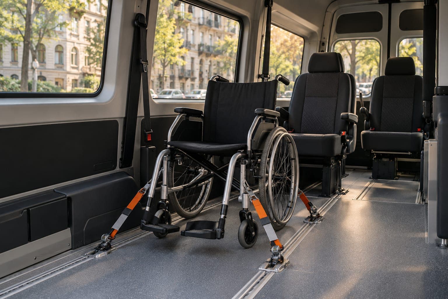 Rollstuhl mit Vier-Punkt-Gurten an den Bodenschienen eines Kleinbusses gesichert