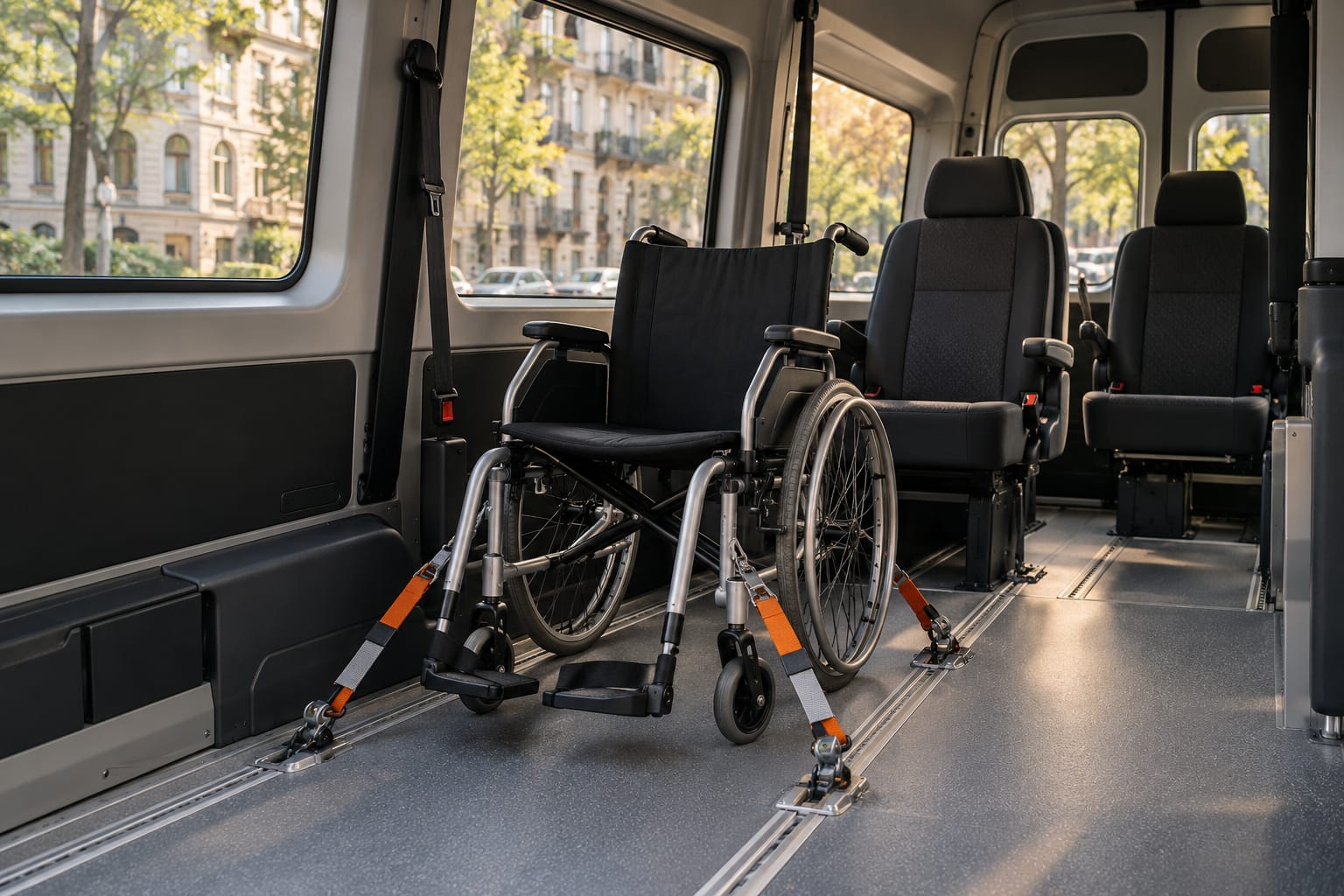 Rollstuhl mit Vier-Punkt-Gurten an den Bodenschienen eines Kleinbusses gesichert