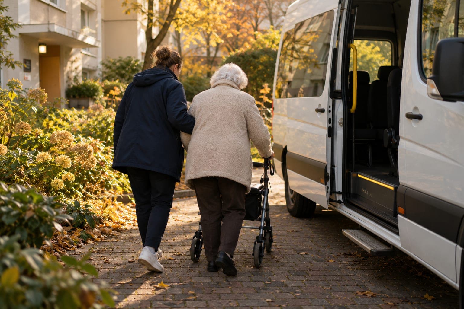 Ältere Frau mit Rollator geht mit Begleitung zur geöffneten Schiebetür eines Kleinbusses